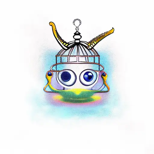 bird cage with eyes inside, horns coming out of birdcage, old padlock  tattoo design idea