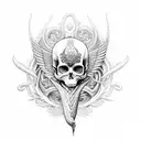 An intricate design featuring a snake coiled around a skull, with angel wings and spider lilies tattoo design idea