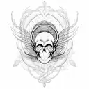 An intricate design featuring a snake coiled around a skull, with angel wings and spider lilies tattoo design idea