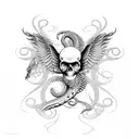 An intricate design featuring a snake coiled around a skull, with angel wings and spider lilies tattoo design idea