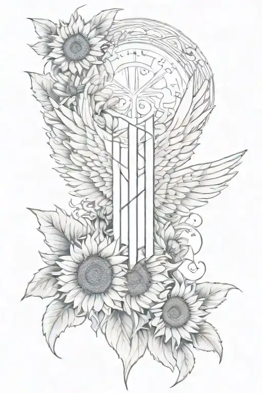 Angel wings with letter H in between and at the bottom sunflowers tattoo design idea