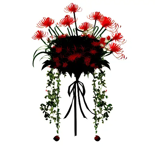 flowers spider lily with red ribbon and bells  tattoo design idea