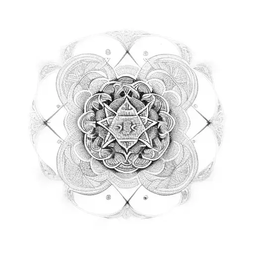 Intricate dotwork tattoo featuring a mandala made of Gothic symbols tattoo design idea