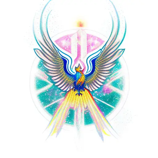 A new-school design featuring a phoenix surrounded by magical symbols and potions tattoo design idea