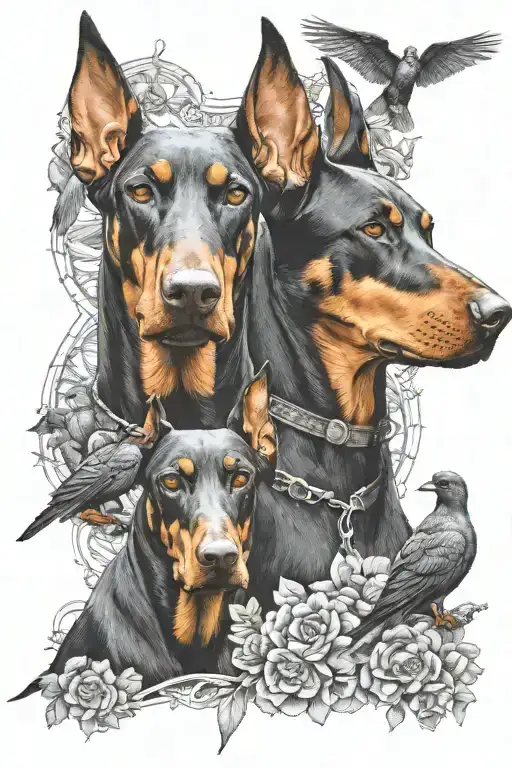 2 young doberman dogs with a some small birds around and connect religion in it  tattoo design idea