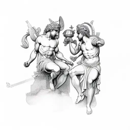 Greek gods Artemis and Apollo as mirror images of one another both holding bows tattoo design idea