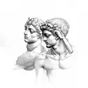 Greek gods Artemis and Apollo as mirror images of one another both holding bows tattoo design idea