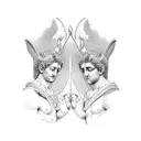 Greek gods Artemis and Apollo as mirror images of one another both holding bows tattoo design idea
