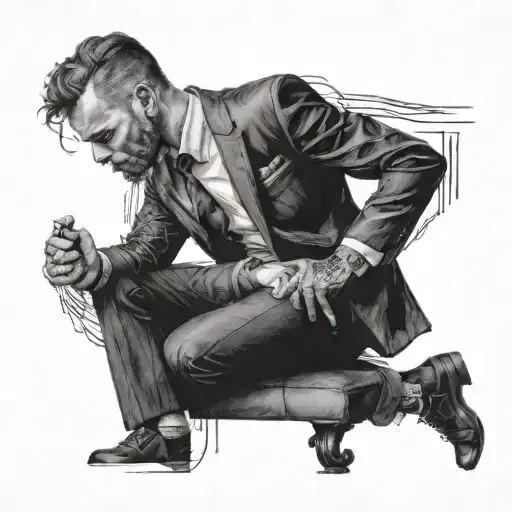 life and death, balance, loneliness and love, a man with a suit. Kaos, overthinking, anxiety. Resilence. tattoo design idea