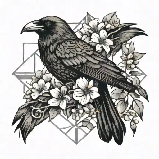 raven and dogwood flowers tattoo design idea