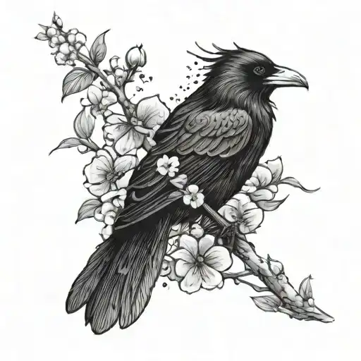 raven and dogwood flowers tattoo design idea
