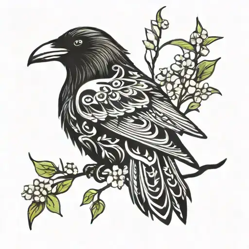 raven and dogwood flowers tattoo design idea