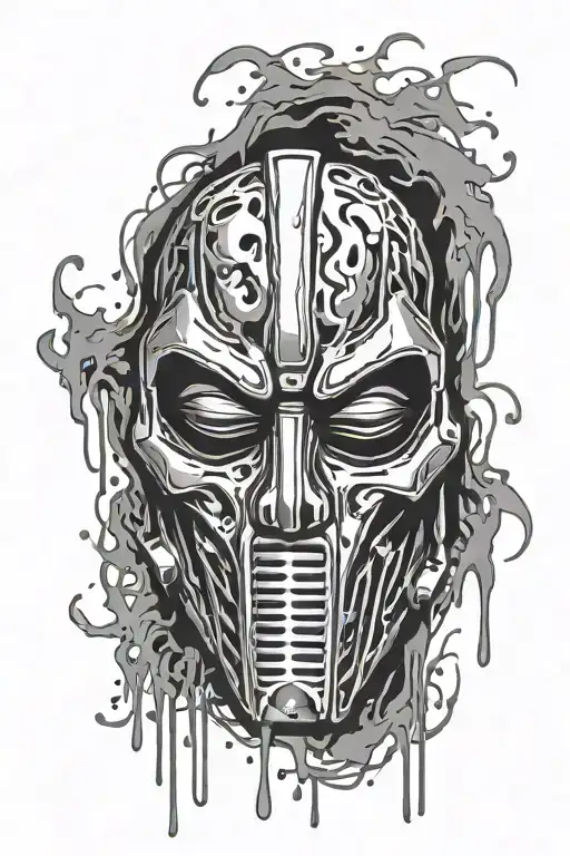 mf doom mask, dripping with graffiti tag in bubble letters underneath mask tattoo design idea
