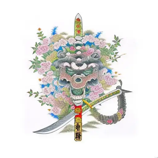  long sword stuck in garden of flowers tattoo design idea