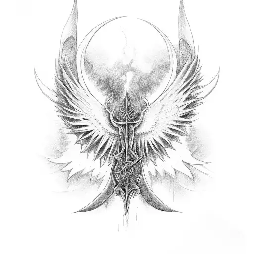 Espada con alas, unas santas otras diabólicas tattoo design idea