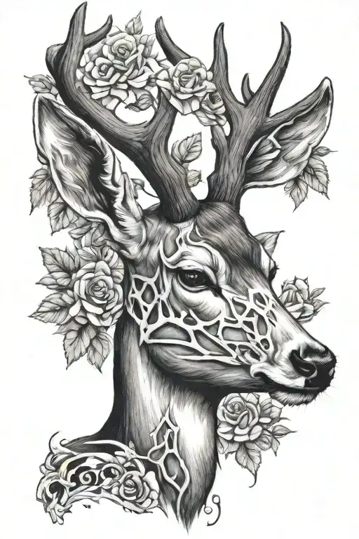 black and white deer head with half skeleton realistic tattoo design idea