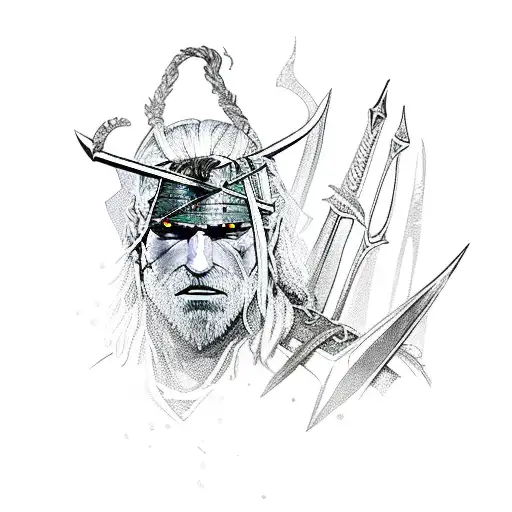 Witcher swords with lilac and gooseberries around it  tattoo design idea