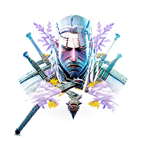 Witcher swords with lilac and gooseberries around it  tattoo design idea