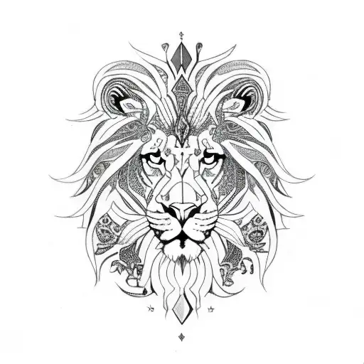 pollynesian full sleeve with psychedelic lion face tattoo design idea