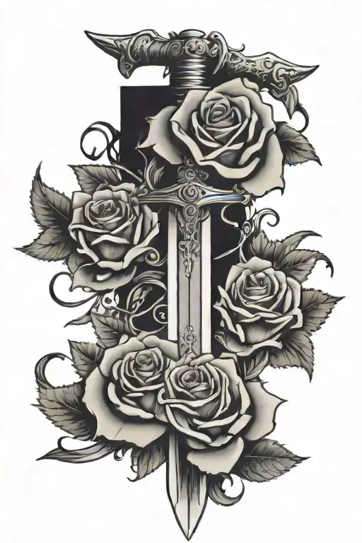 sword broken in three pieces inside a thick outlined black rectangle with roses behind the rectangle  tattoo design idea