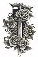 sword broken in three pieces inside a thick outlined black rectangle with roses behind the rectangle  tattoo design idea