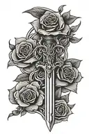 sword broken in three pieces inside a thick outlined black rectangle with roses behind the rectangle  tattoo design idea