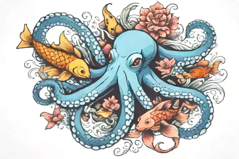 octopus and koi fish swimming together tattoo design idea