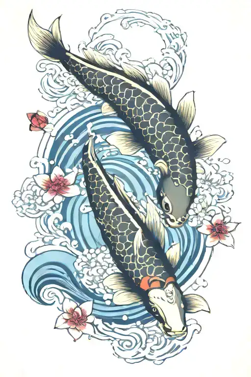 koi fish, turtle, plum blossom,water waves, lotus flower, water dragon    tattoo design idea