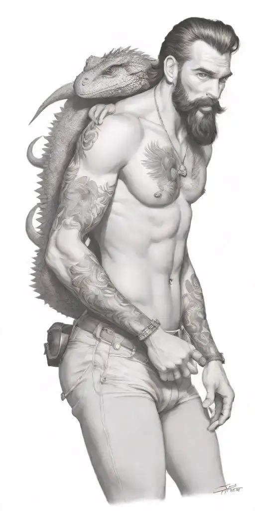 gay pinup country boy, style of Tom of finland, long hair, full bearded, dragon tattoo design idea