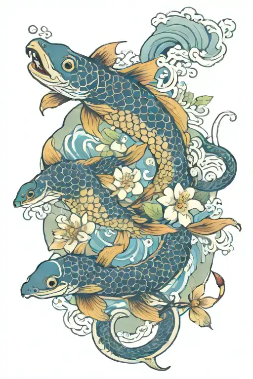koi fish, turtle, plum blossom,water waves, lotus flower, water dragon    tattoo design idea