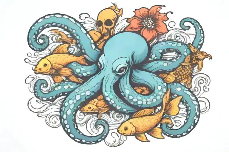 octopus and koi fish swimming together tattoo design idea