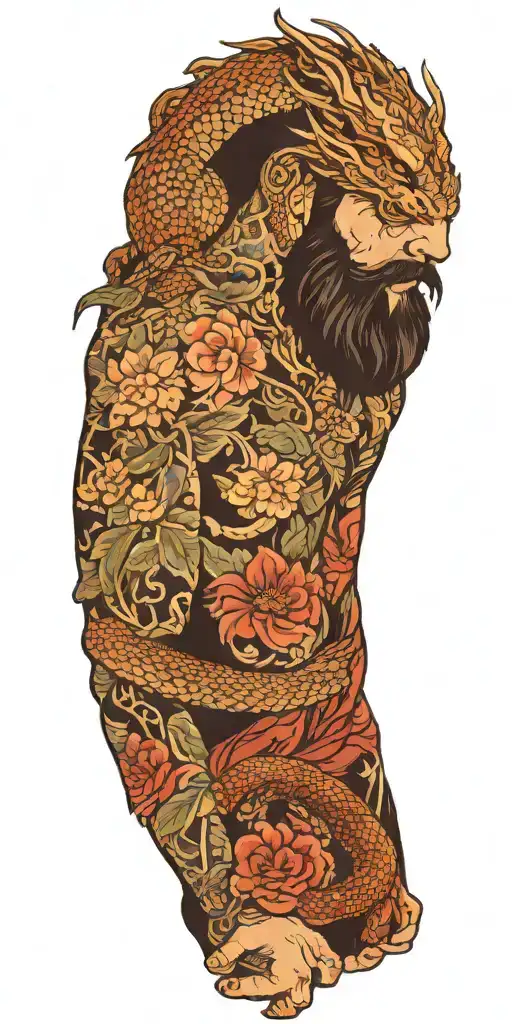 A bearded man with a dragon tattoo wrapping around his arms, incorporating floral elements in the design tattoo design idea