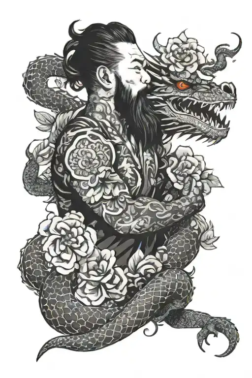 A bearded man with a dragon tattoo wrapping around his arms, incorporating floral elements in the design tattoo design idea