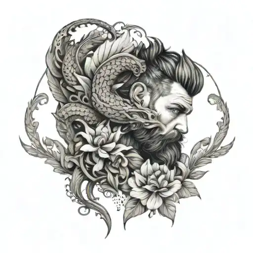 A bearded man with a dragon tattoo wrapping around his arms, incorporating floral elements in the design tattoo design idea
