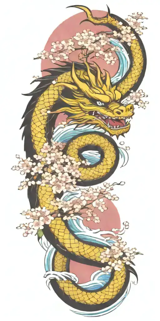 A fierce dragon emerging from the ocean waves with cherry blossom trees in the background tattoo design idea