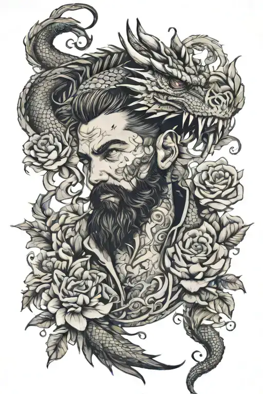 A bearded man with a dragon tattoo wrapping around his arms, incorporating floral elements in the design tattoo design idea