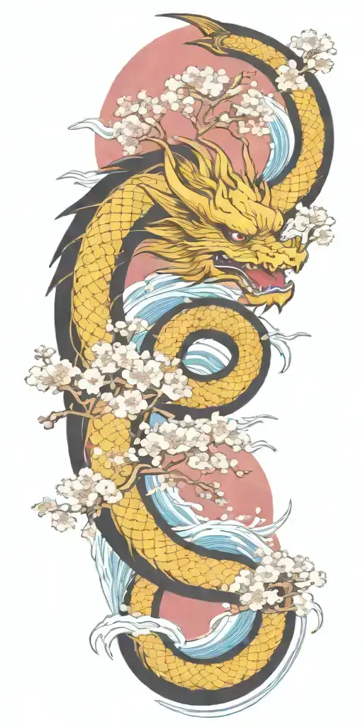 A fierce red dragon emerging from the blue ocean waves with cherry blossom trees in the background tattoo design idea