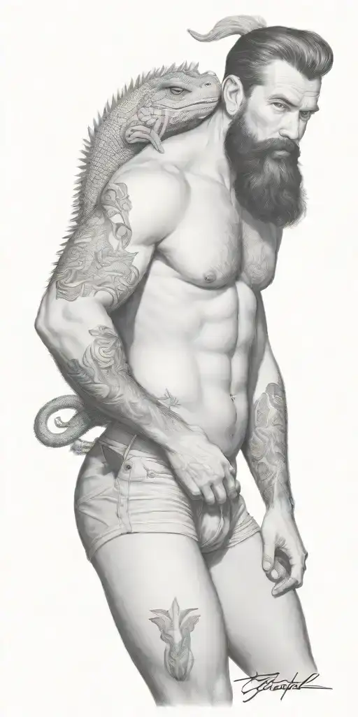 nautical gay pinup sailor, style of Tom of finland, hairy, bearded, dragon tattoo design idea