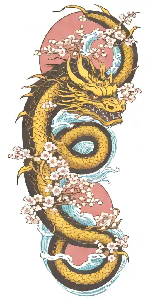 A fierce dragon emerging from the ocean waves with cherry blossom trees in the background tattoo design idea