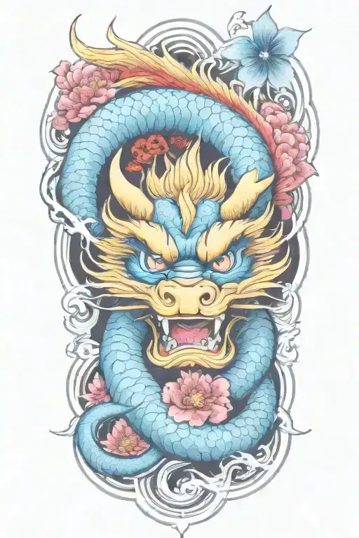 floral japanese tattoo with dragon and water  tattoo design idea
