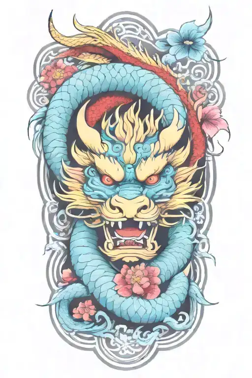 floral japanese tattoo with dragon and water  tattoo design idea