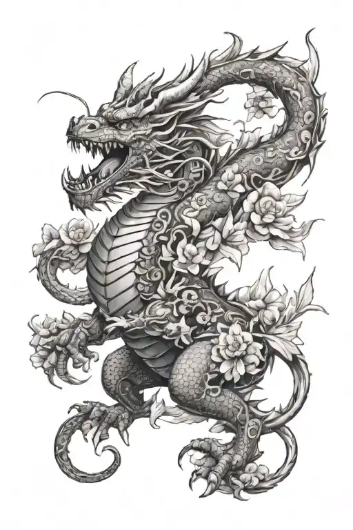 A powerful dragon with a muscular male warrior riding on its back, surrounded by a garden of vibrant flowers tattoo design idea