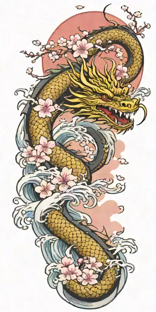 A fierce dragon emerging from the ocean waves with cherry blossom trees in the background tattoo design idea