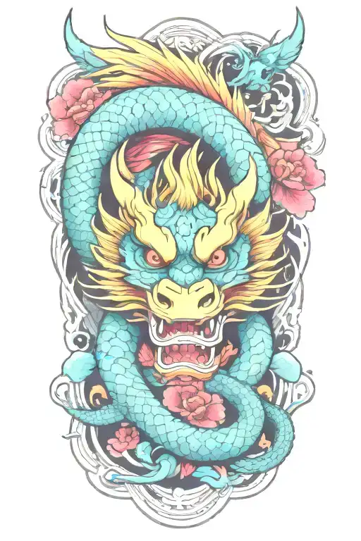 floral japanese tattoo with dragon and water  tattoo design idea