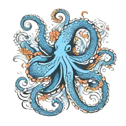 octopus and water and koi fish swimming tattoo design idea