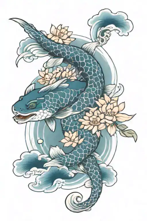 koi fish, turtle, plum blossom,water waves, lotus flower, water dragon    tattoo design idea