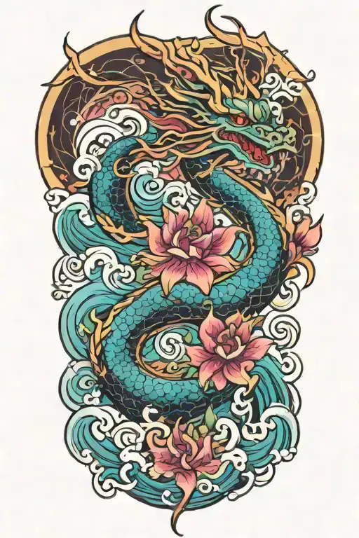 flower waves dragon color  tattoo design idea