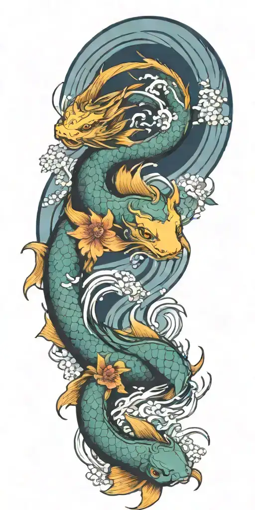 dragon koi water wind flower tattoo design idea