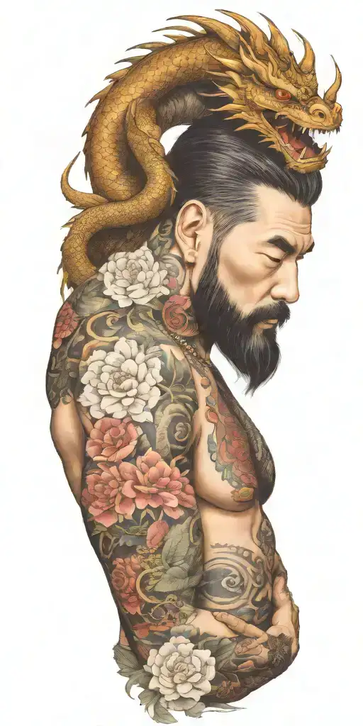 A bearded man with a dragon tattoo wrapping around his arms, incorporating floral elements in the design tattoo design idea