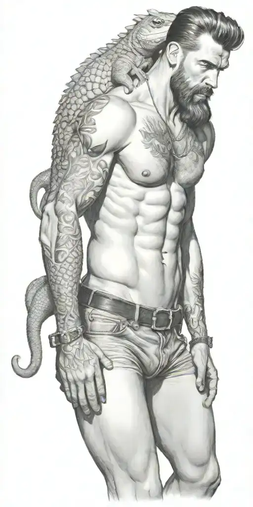 gay pinup country boy, style of Tom of finland, hairy, bearded, dragon tattoo design idea